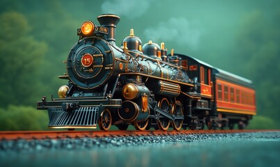 Obraz premium Vintage steam train, lush green background.