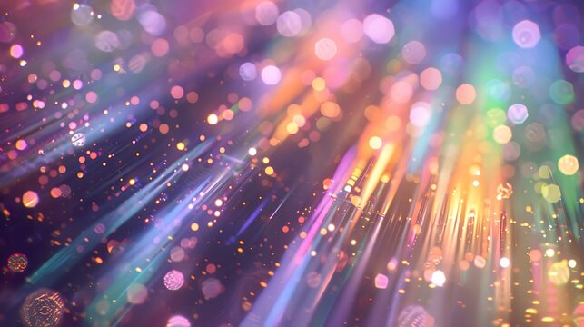 A dynamic array of overlapping rainbow-like light beams with a glossy finish and faint bokeh elements, set against a deep, gradient background