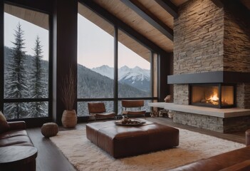 Fototapeta premium Cozy living room with a fireplace and majestic mountains behind