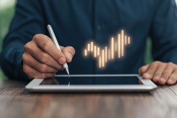 A person uses a stylus on a tablet, illustrating data analysis with a growing graph overlay, symbolizing technology and business growth.