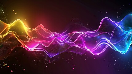 A vibrant abstract background with flowing, colorful light trails resembling a technological spectrum, featuring smooth gradients and glowing neon accents