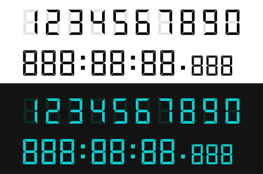 Set of monochrome digital numbers in vector illustration, ideal for clocks, scoreboards, and electronic displays.