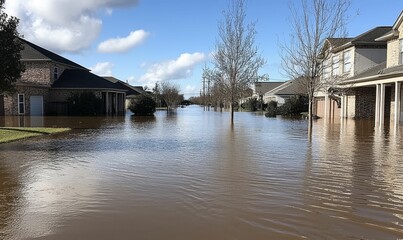 Fototapeta premium Flooded street, houses submerged, cloudy sky.