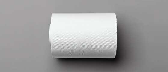 Obraz premium This image features a roll of white paper towel resting on a gray background. The texture and clean design make it a perfect fit for household-related projects and promotions.