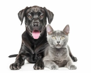 Fototapeta premium Playful black dog and gray cat isolated on white background adorable pets