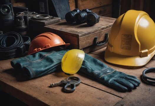On a wooden table, there are a hard hat and a pair of gloves