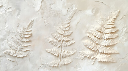 Elegant plaster fern leaves on textured white wall