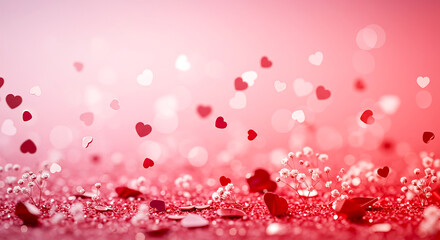 Obraz premium Romantic Pink Background with Floating Red and White Hearts Above a Glittering Surface, Evoking a Dreamy and Festive Atmosphere
