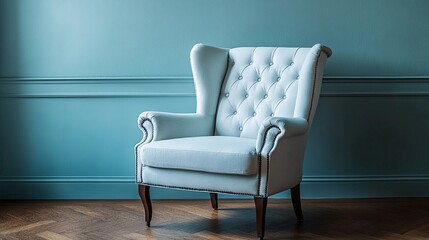 Modern armchair placed near a plain wall in a spacious empty room, minimalistic design, soft lighting, clean and elegant style book illustration