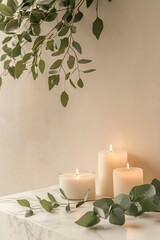 Premium spa setting featuring white marble table with glowing candles and fresh eucalyptus against a calming beige background