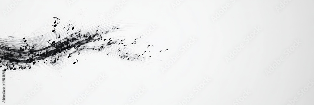 Poster Black musical notes create a visually dynamic flow against a clean white backdrop, symbolizing the movement and energy of music, sound, or a melodic composition