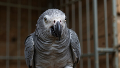Fototapeta premium Timneh grey parrot focused on perch in aviary, lively conversation