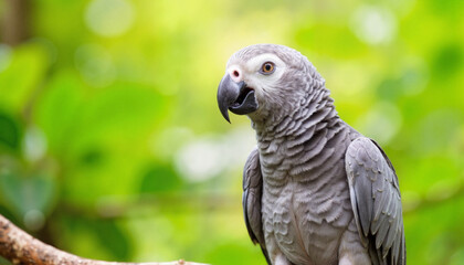 Fototapeta premium African grey parrot perched in lush tropical forest, vibrant nature