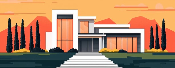 Fototapeta premium A modern house with large windows, set against a vibrant sunset, surrounded by lush greenery and tall cypress trees.