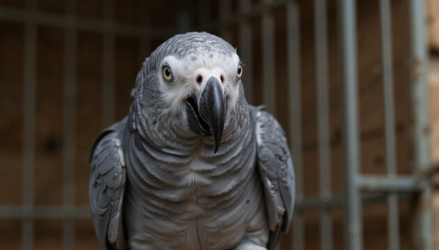 Timneh grey parrot focused on perch in aviary, lively conversation