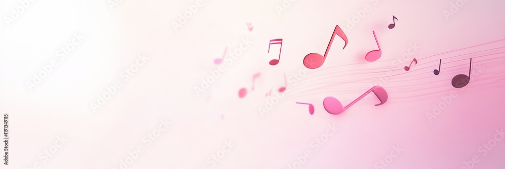 Poster floating pink musical notes on a soft pink background create a joyful representation of singing, rec