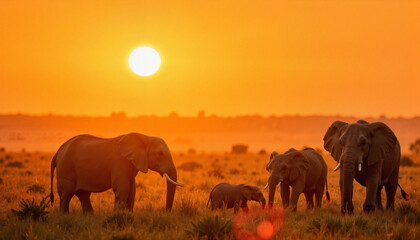 Fototapeta premium Family of elephants walking at sunrise over savannah, wildlife unity
