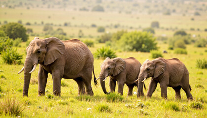 Obraz premium Elephants grazing peacefully in a meadow during morning light, family bond