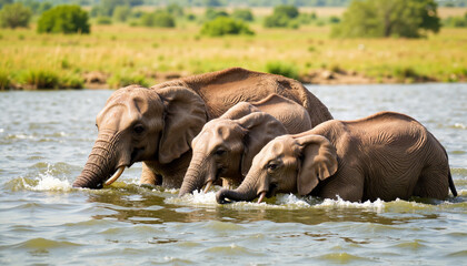 Elephants fording deep river in rural setting, family bonding