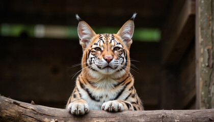 Obraz premium Sleek ocelot staring from wooden shelter in dusk light, wild elegance
