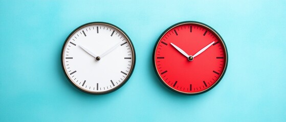 Two stylish wall clocks, one white and one red, on a vibrant turquoise background. Perfect for adding a modern touch to any room or showcasing the concept of time management.