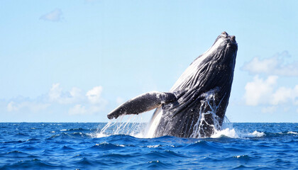 Fototapeta premium Majestic humpback whale breaching in vibrant ocean, nature's splendor