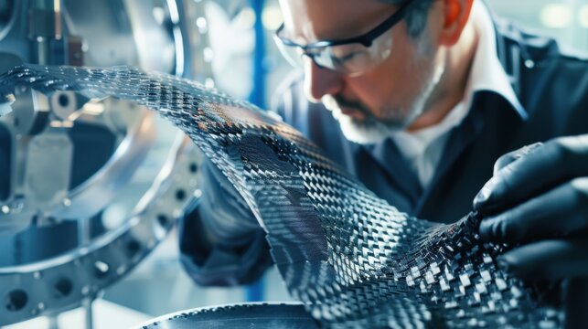 A close-up of a materials engineer inspecting composite materials in an aerospace manufacturing facility, with carbon fiber components and aerospace prototypes visible