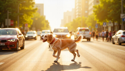 Dog joyfully crossing bustling city street, urban wildlife concept
