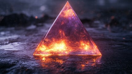 Fiery, glass pyramid rests on dark surface.