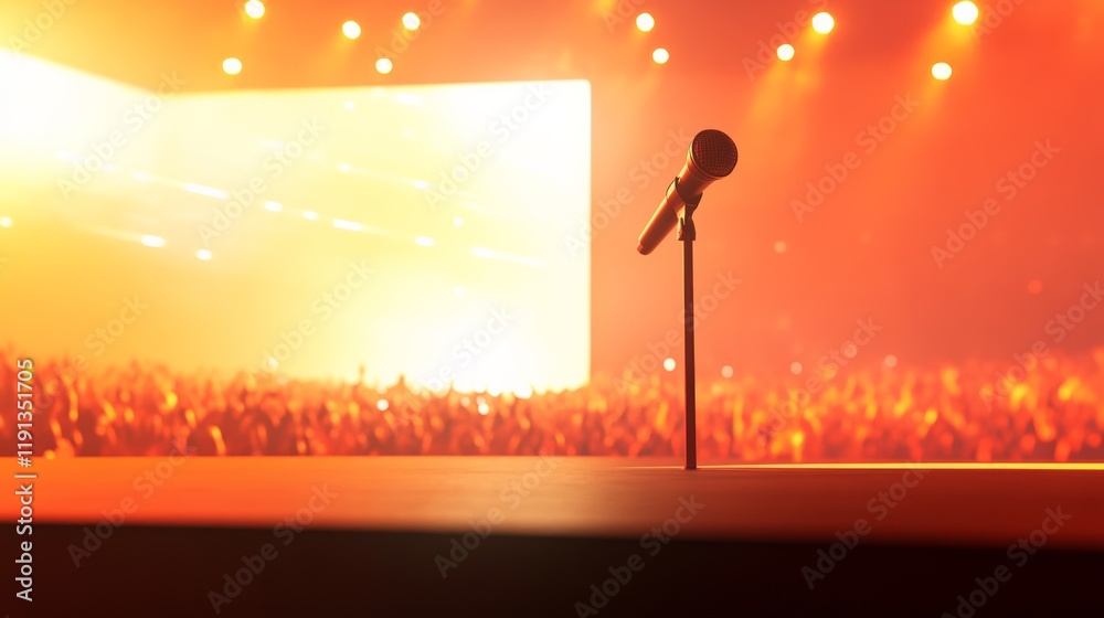 Poster microphone positioned on stage, surrounded by an enthusiastic audience cheering in the background, g