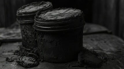 Two Jars of Dark Gray Substance on a Rustic Surface