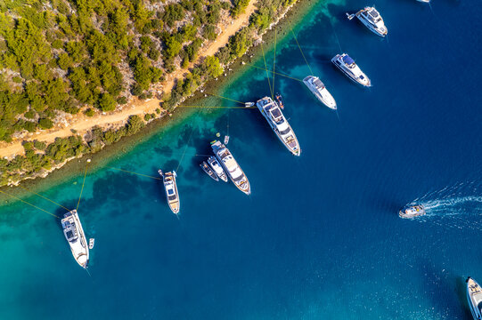 Paradise Bay (Turkish: Cennet Koyu) in Bodrum. Mugla, Turkey. One of the most beautiful bays in Bodrum with blue sea and nature. Drone shot.
