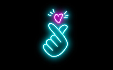 K-POP neon sign. Sign of Finger Heart with colorful neon lights isolated. Finger Heart Neon Sign. Premium K-Pop Heart Hand Led Sign. Hand Heart Gesture Neon Light. Hand Symbol Love lights.