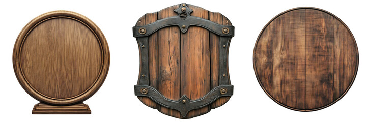 Fototapeta premium Set of A Wooden sign, front view, isolated on Transparent PNG format Background. 