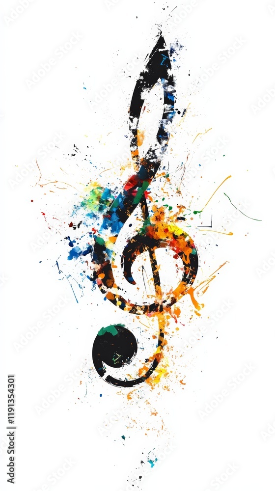 Poster vibrant colors splashing on a treble clef, symbolizing musical creativity, passion, and artistic exp