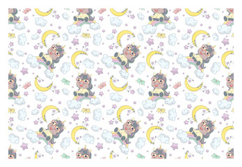 Repeating seamless pattern with adorable unicorn, stars and moon. Design for printing on t-shirt, poster, banner. Beautiful print for t-shirt, shopper, notebooks, covers, posters and cards