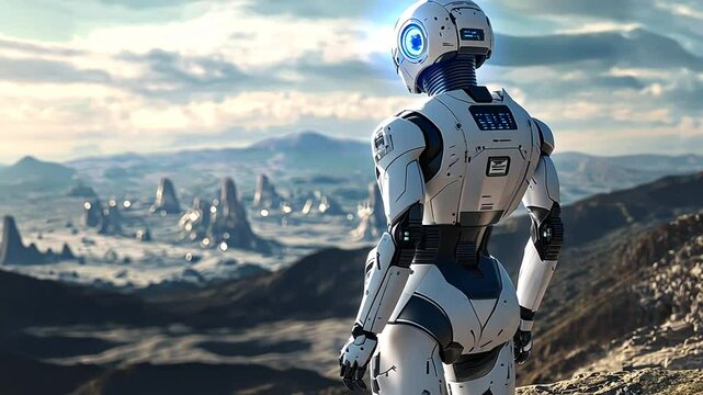 Futuristic robot overlooking a desolate alien landscape.