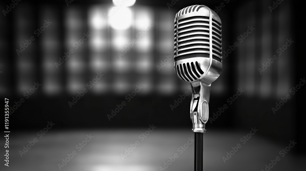 Poster gleaming vintage microphone stands on stage in an empty club, awaiting the singer and the start of a