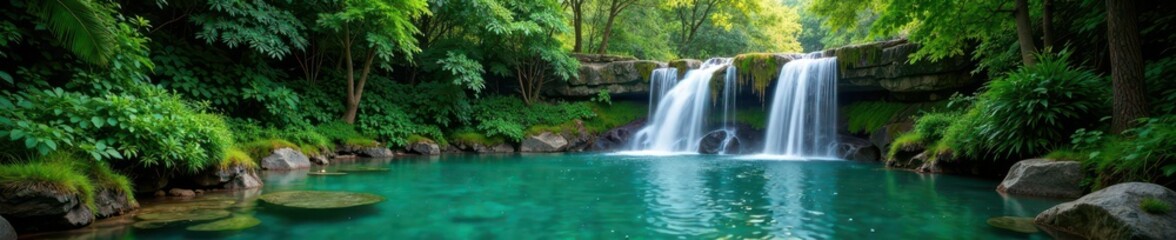 Fototapeta premium Dense green foliage surrounds a tranquil waterfall cascading into a crystal-clear pool , forest, cascade