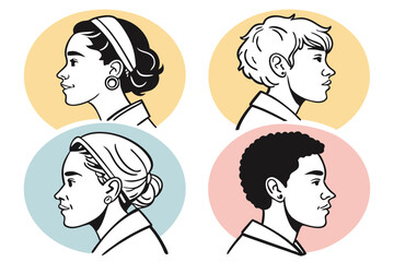 Minimalist avatar icons, diverse hairstyles, flat design, pastel color circles, simple face silhouettes, gender-neutral portraits, clean vector graphics, social media profile pictures, user interface 