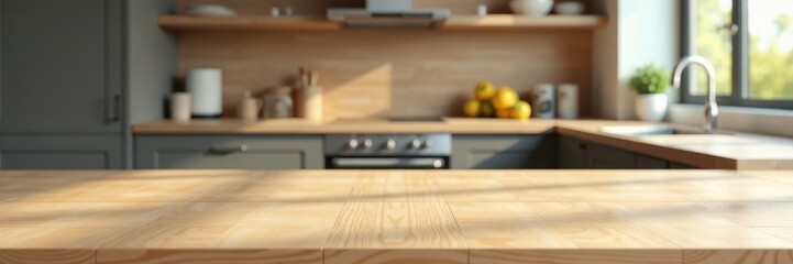 Empty light wood table, blurred modern kitchen background, template, style