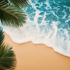 Obraz premium Tropical beach scene with turquoise ocean waves, golden sand, and palm fronds. Summer vacation, paradise getaway concept. Beach background for travel ads with copy space