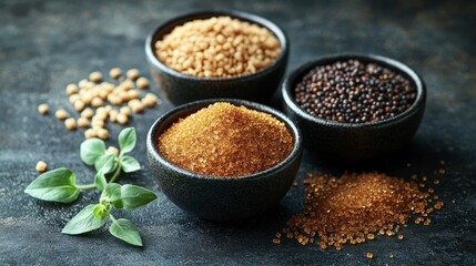 Three Types of Sugar in Small Black Bowls with Fresh Oregano