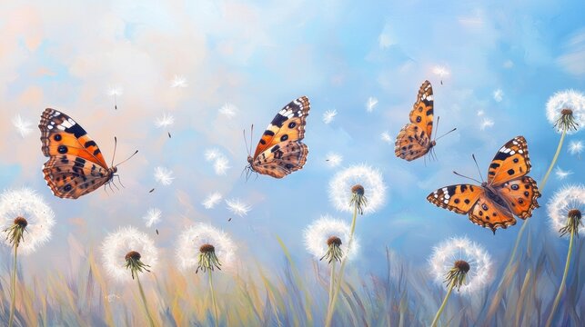 Fototapeta Four butterflies flying over dandelions in a sunny meadow.