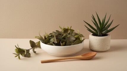 Green leaves in bowl with succulent plant and wooden spoon