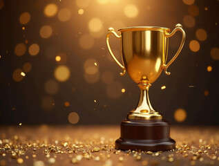 Golden trophy against sparkling background celebrating achievement and success