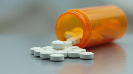 Prescription pills spilled from orange bottle on reflective surface with blurred background