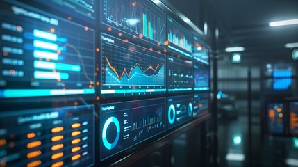 High-tech control room with a large digital wall displaying incident management dashboards and analytics


