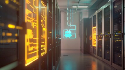 High-tech server room with holographic SAP icons overlaying server racks


