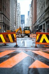 Fototapeta premium City street construction; wet road, machinery, barriers.